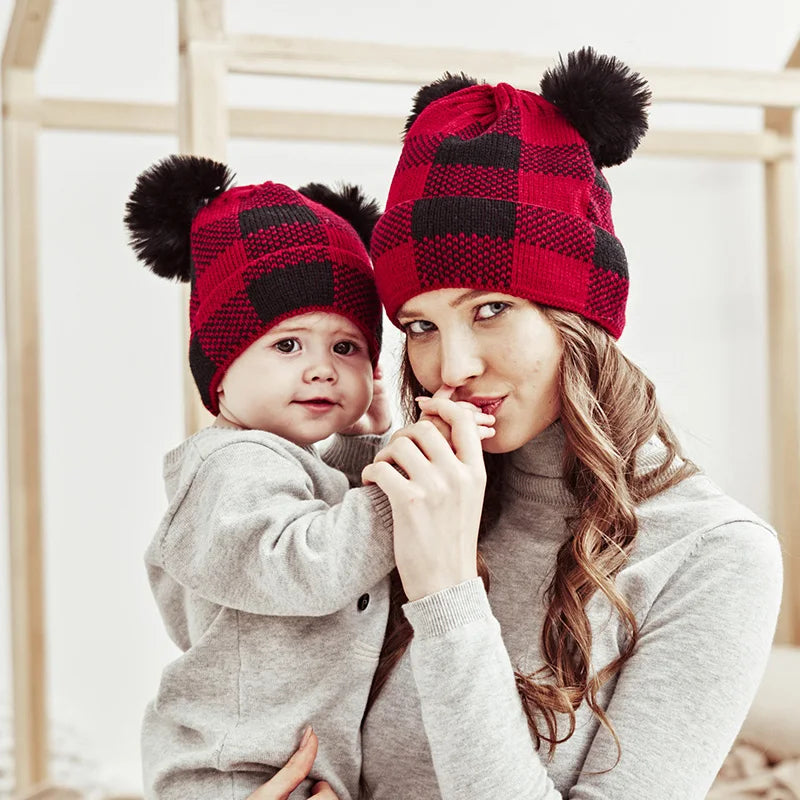 Parent-Child Christmas Hat Big Pompom Mother Kids Knit Beanie Cap Winter Warm Infant Bonnet Girls Boy Xmas Gift Baby Accessories