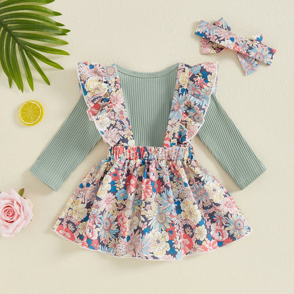 Adorable 3-Piece Infant Girls Autumn Outfit Set with Ruffled Romper, Floral Bow Skirt, and Matching Hair Band