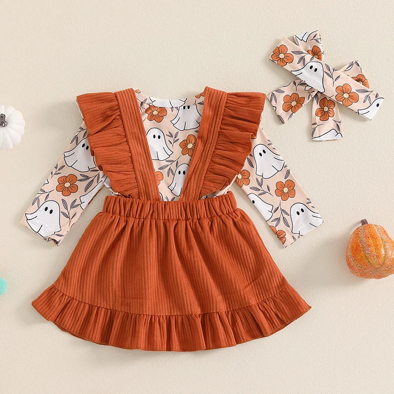 Adorable Baby Girls Halloween Ghost Print Ruffled Romper Set with Skirt and Hair Band