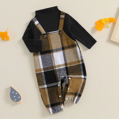 Unisex Baby Plaid Jumpsuit with Turtle Neck and Long Sleeves - Fall Overall Romper for Newborns