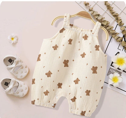Adorable Cartoon Dog Summer Romper and Hat Set for Babies - Breathable Muslin Jumpsuit for Boys and Girls