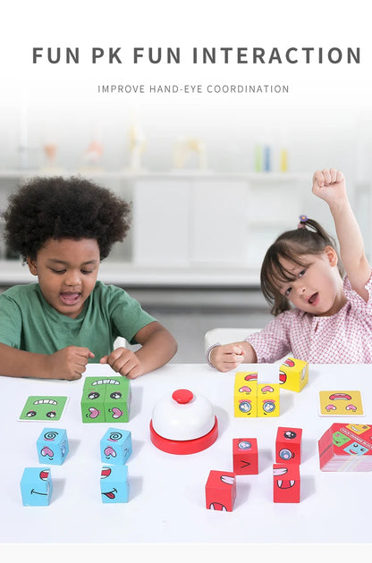Wooden Expression Matching Puzzle Cube - Educational Building Blocks Game for Kids Aged 4-12