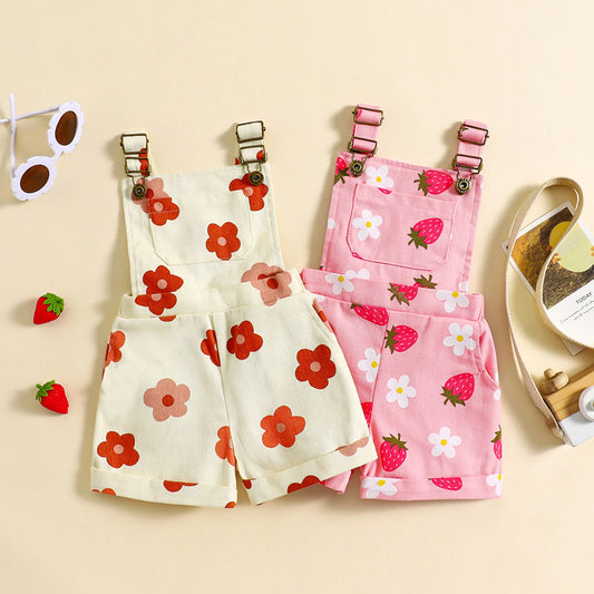 Summer Floral Denim Overalls for Girls - Casual Suspender Shorts for Kids