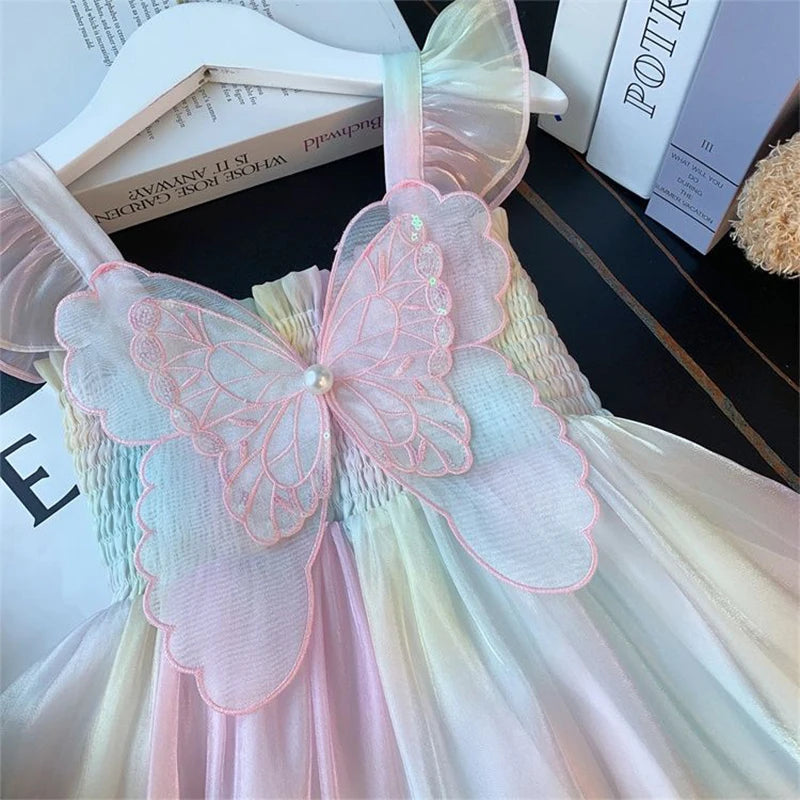 Rainbow Butterfly Wing Mesh Dress for Girls - Sweet Summer Birthday Party Princess Attire