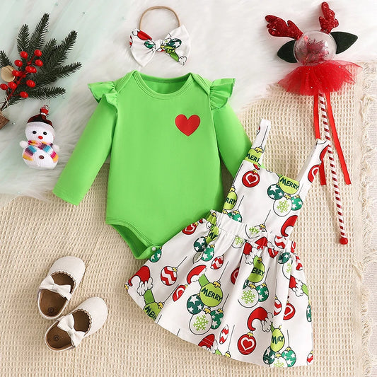 Adorable Baby Girl Christmas 3-Piece Outfit Set with Flying Sleeve Romper, Suspender Skirt, and Headband