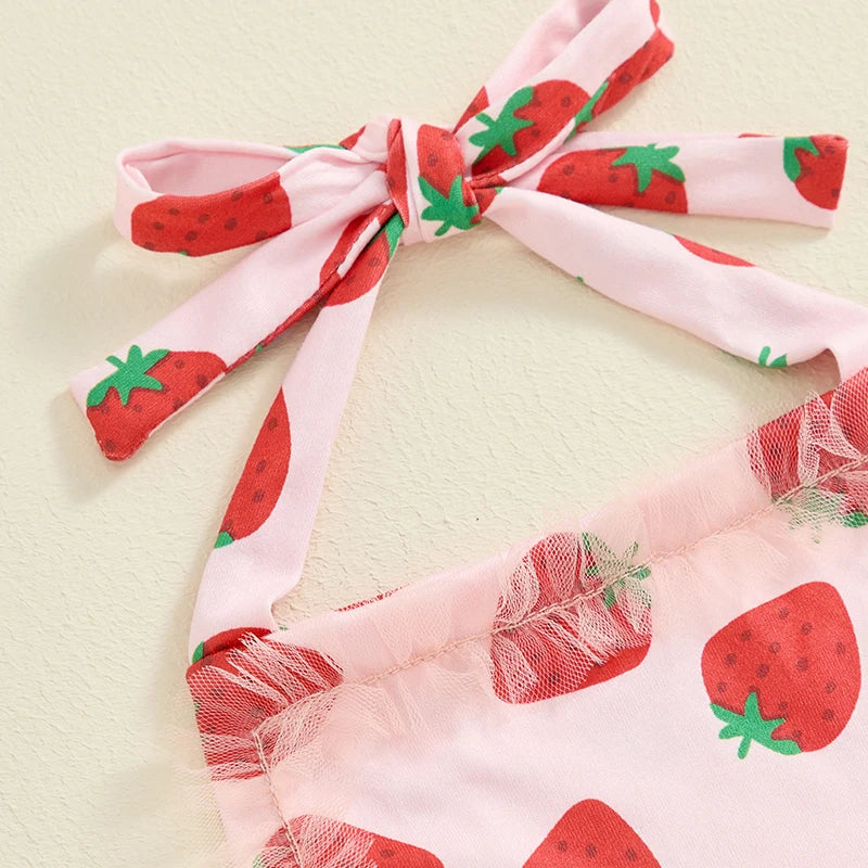 Adorable Baby Girl Summer Ruffle Romper Dress with Strawberry Print and Matching Headband Set