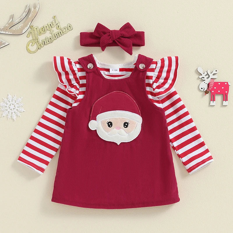Adorable Baby Girl Christmas Outfit Set with Santa/Turkey Embroidery Romper, Dress, and Headband - 3 Pieces for Newborns