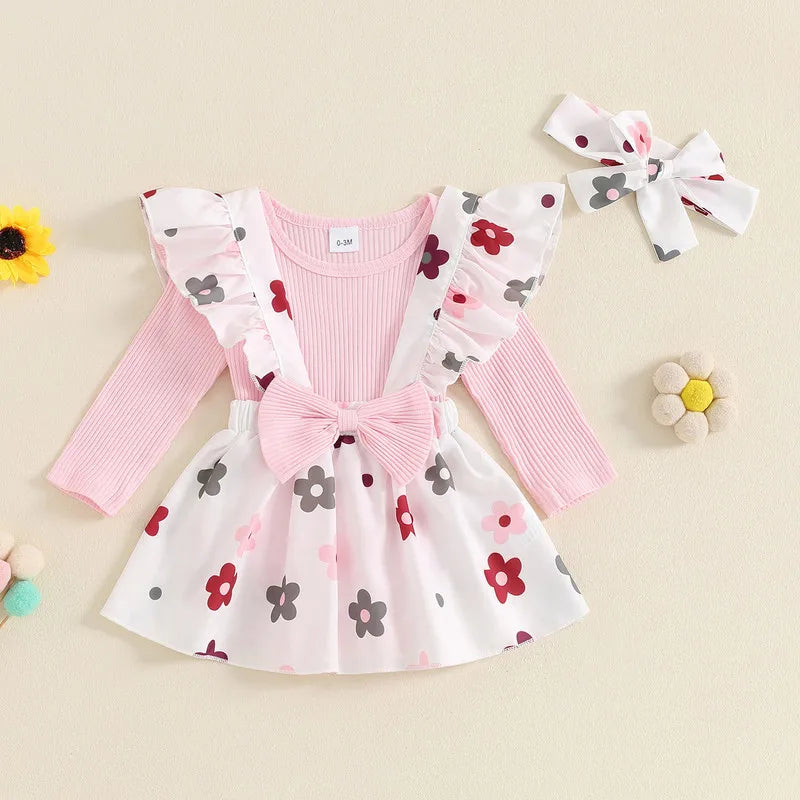 Adorable Baby Girls' Fall Outfit Set with Long Sleeve Bodysuit, Bow Suspender Skirt, and Matching Headband