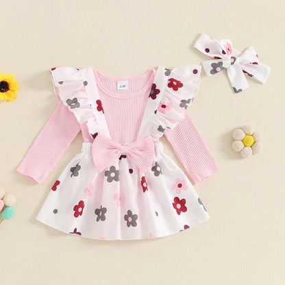 Adorable Baby Girls' Fall Outfit Set with Long Sleeve Bodysuit, Bow Suspender Skirt, and Matching Headband