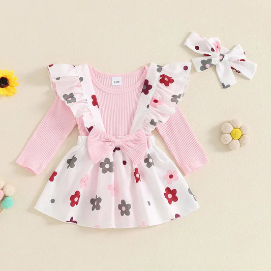 Adorable Baby Girls' Fall Outfit Set with Long Sleeve Bodysuit, Bow Suspender Skirt, and Matching Headband