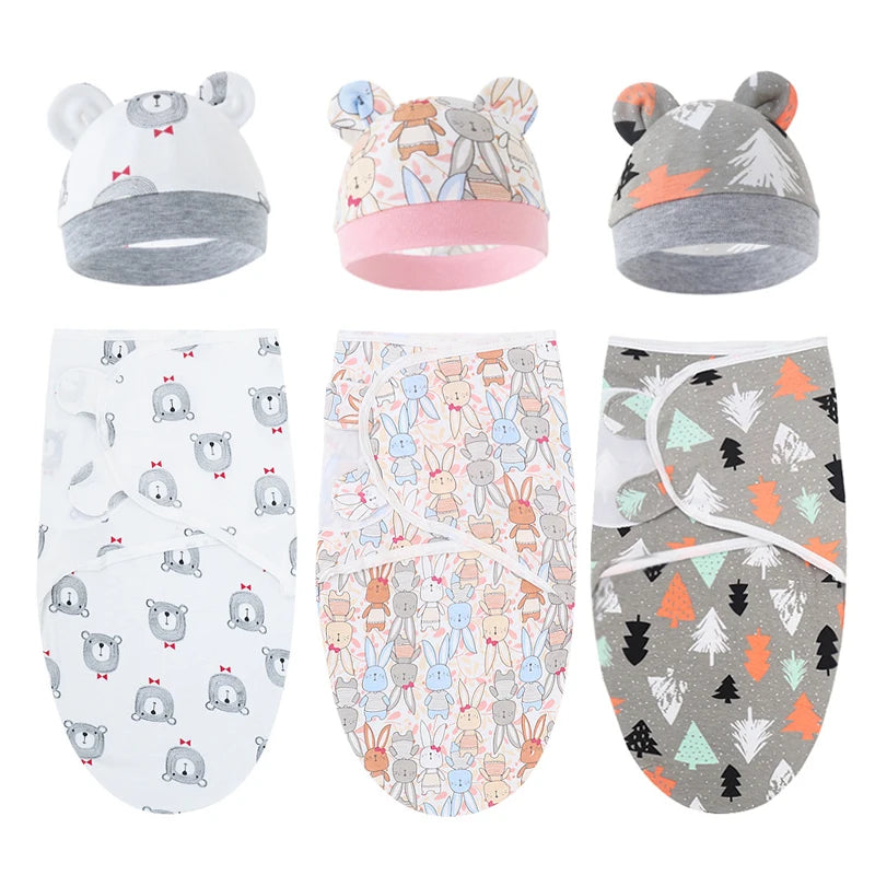 Baby Blanket Hat Set Cartoon Printed Cotton Newborn Swaddle Adjustable Infant Sleeping Swaddle Wraps All Seasons 0-6 Months