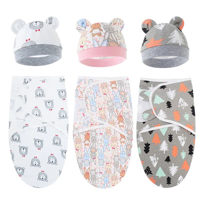Baby Blanket Hat Set Cartoon Printed Cotton Newborn Swaddle Adjustable Infant Sleeping Swaddle Wraps All Seasons 0-6 Months
