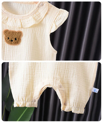 Summer Baby Cartoon Bear Romper and Hat Set for Boys and Girls - 0-24 Months Muslin Jumpsuit with Flying Sleeves