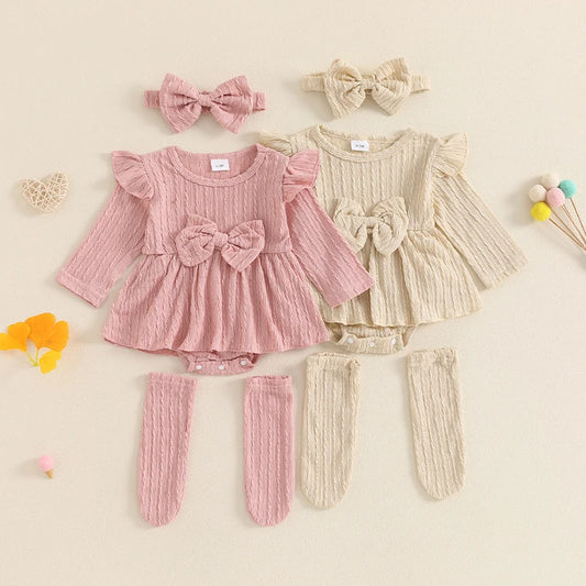Adorable Baby Girls 3-Piece Ribbed Ruffled Romper Set with Bow, Headband, and Stockings