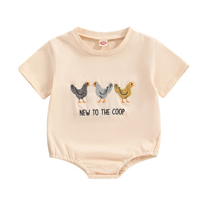 Unisex Baby Romper with Rooster Letter Embroidery - Casual Short Sleeve Jumpsuit for Newborns