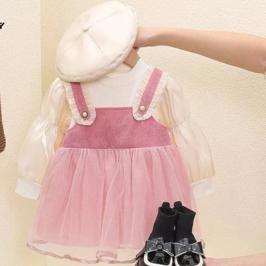 Sweet Spring/Summer Girls' Two-Piece Look Gauze Party Dress with Long Sleeves for Kids