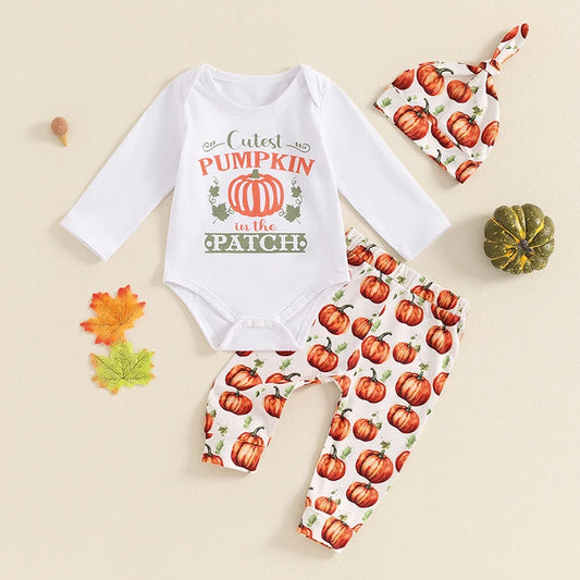 Adorable Baby Boys Halloween Costume Set with Pumpkin Print Pants and Hat - 3-Piece Long Sleeve Romper Outfit for Fall