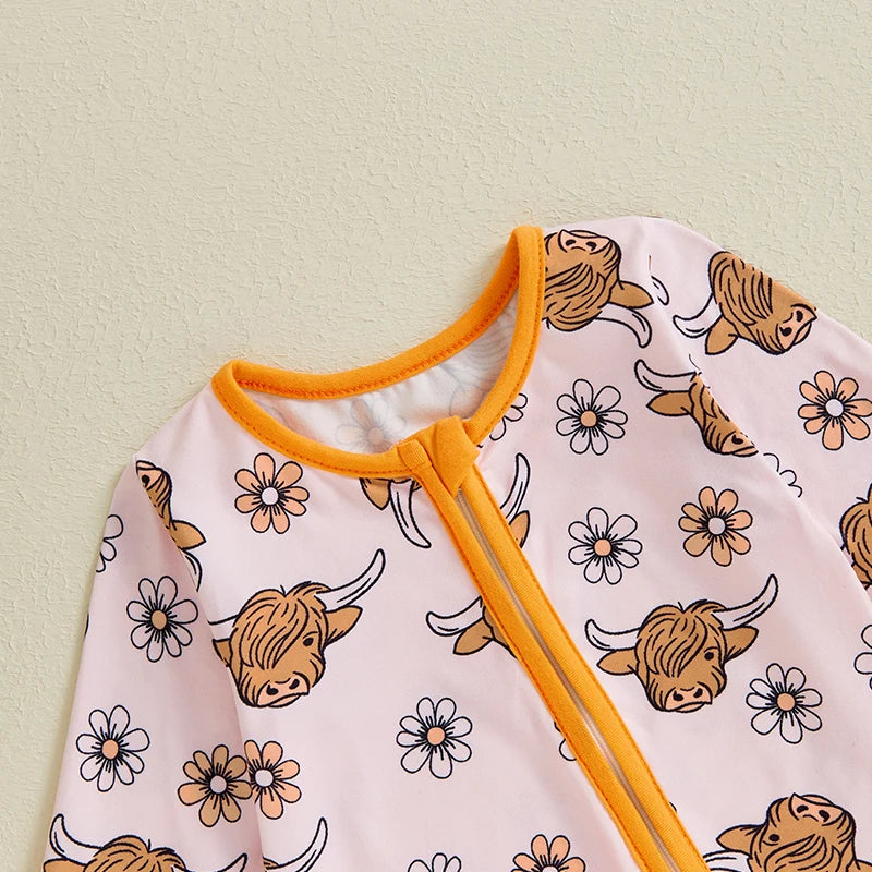Adorable Highland Cow Print Long Sleeve Baby Girl Romper for Autumn and Spring