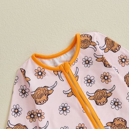 Adorable Highland Cow Print Long Sleeve Baby Girl Romper for Autumn and Spring
