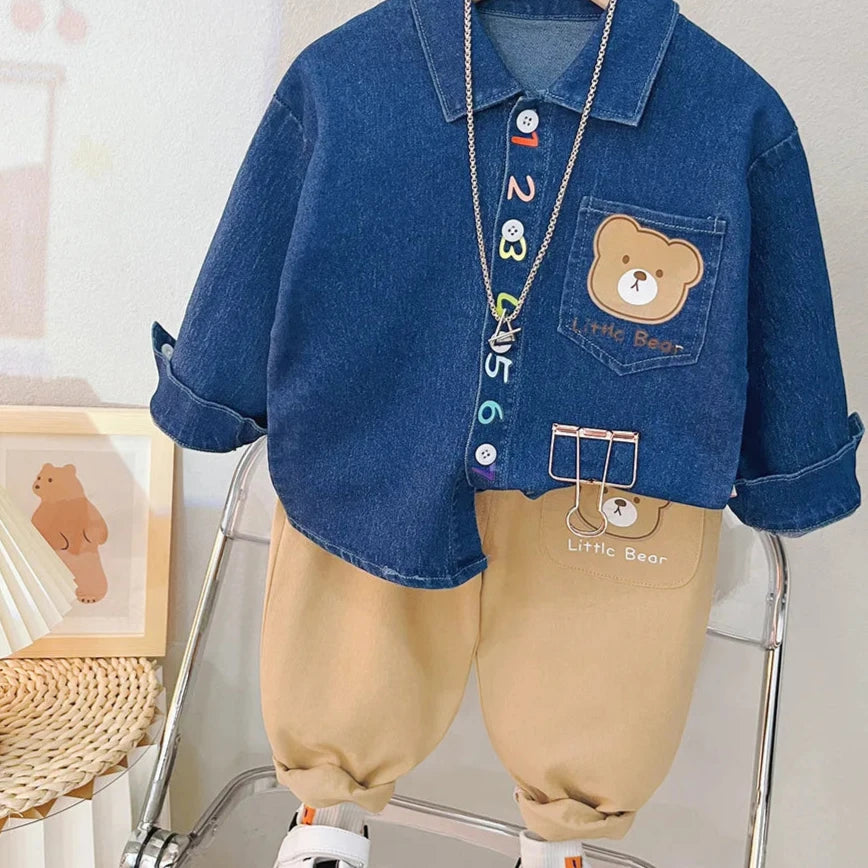 Adorable 2023 Boys' Cartoon Bear Denim Shirt and Pants Set for Spring and Autumn Fashion
