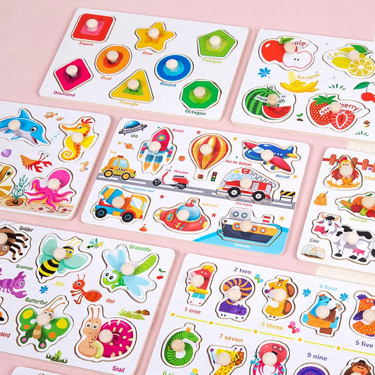 Wooden Montessori Puzzle Board for Kids - Early Learning 3D Tangram Jigsaw with Cartoon Animals and Fruits