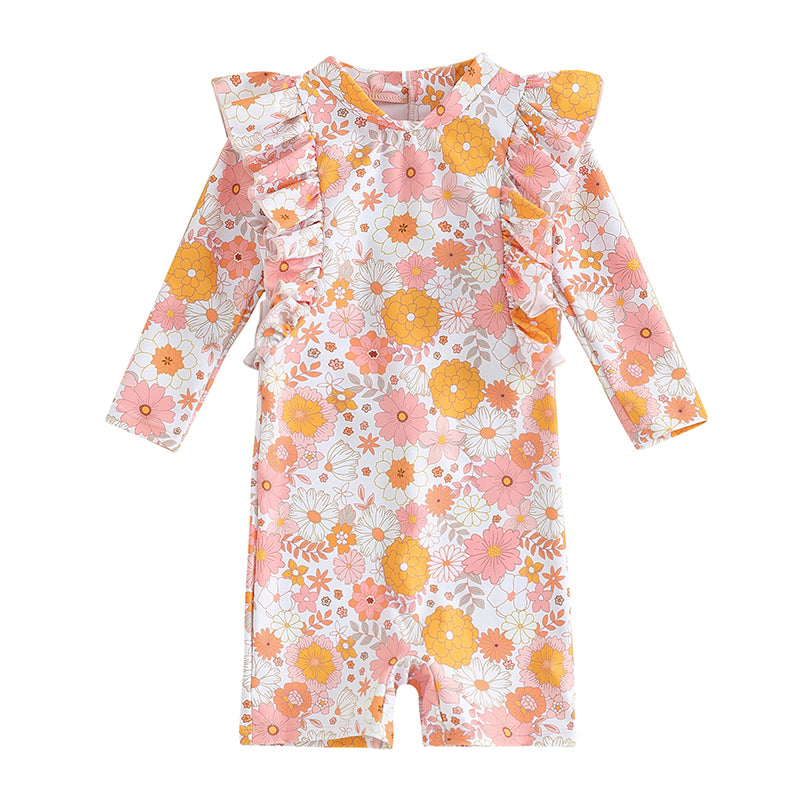 Toddler Girls' Summer Floral Ruffle One-Piece Swimsuit with Long Sleeves and Jumpsuit Style