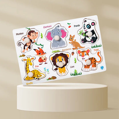 Wooden Montessori Puzzle Board for Kids - Early Learning 3D Tangram Jigsaw with Cartoon Animals and Fruits