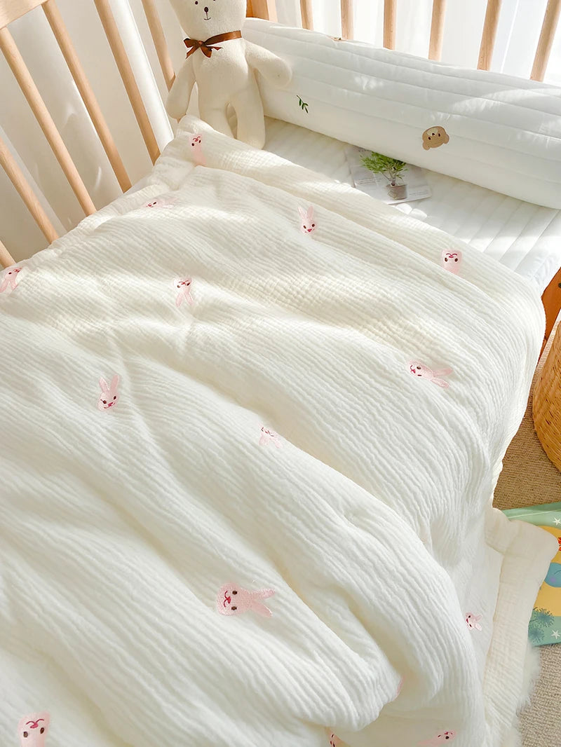 Cartoon Bear and Bunny Soft Cotton Baby Quilt - All-Season Infant Blanket for Newborns, 100*120CM