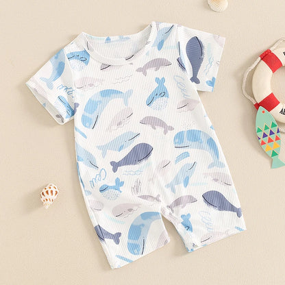 Adorable Ocean Animal Print Summer Rompers for Infants - Unisex Short Sleeve Jumpsuit