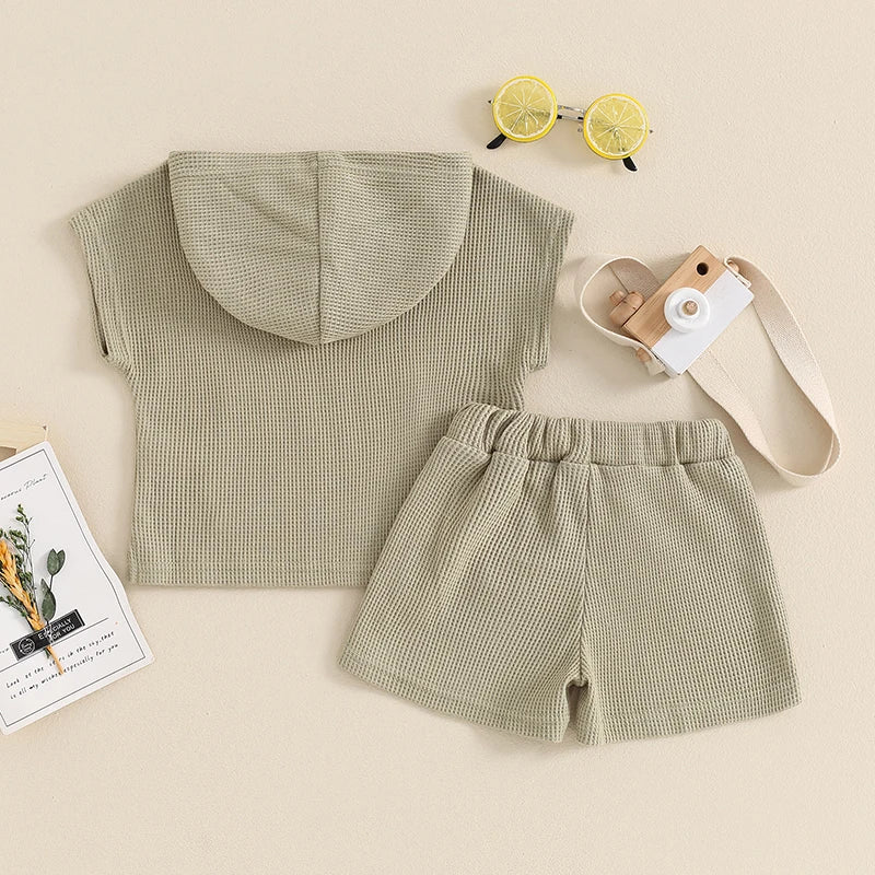 Toddler Summer Outfit Set for Boys and Girls - Solid Color Pocket Hooded Tank Top with Elastic Waist Shorts