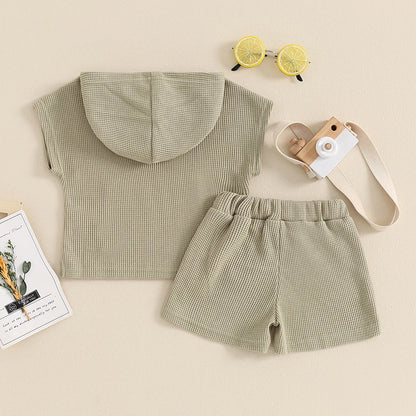 Toddler Summer Outfit Set for Boys and Girls - Solid Color Pocket Hooded Tank Top with Elastic Waist Shorts