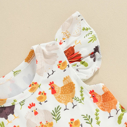 Toddler Girls Summer Casual Dress with Farm Rooster and Hen Print