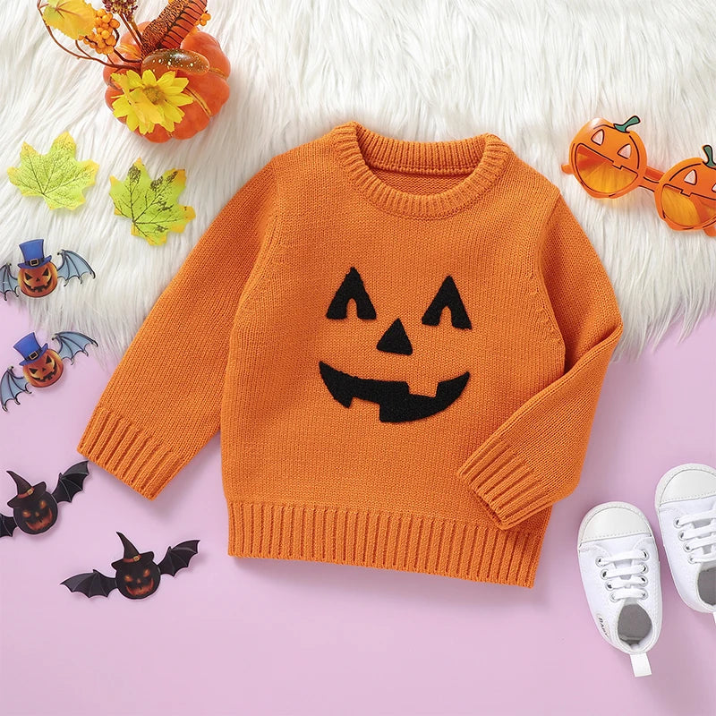 Unisex Toddler Halloween Knit Sweater featuring Witch and Pumpkin Design