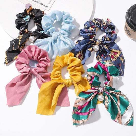 Chiffon Bowknot Hair Scrunchies Set with Pearls - 4 Pack for Women and Girls