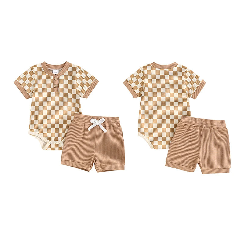 Trendy Baby Boys Summer Ribbed Checkerboard Bodysuit and Shorts Set (0-18 Months)