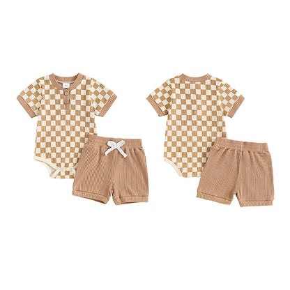 Trendy Baby Boys Summer Ribbed Checkerboard Bodysuit and Shorts Set (0-18 Months)