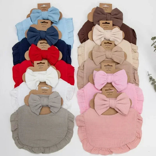 Stylish Ribbed Baby Bibs with Hair Bows and Headbands for Boys and Girls - Ruffled Flower Feeding Accessories