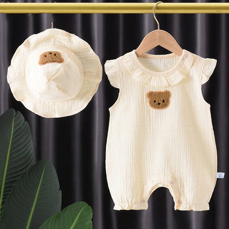 Summer Baby Cartoon Bear Romper and Hat Set for Boys and Girls - 0-24 Months Muslin Jumpsuit with Flying Sleeves