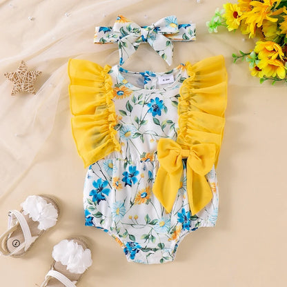 Toddler Summer Floral Bow Bodysuits with Ruffle Sleeves for Girls 0-18 Months
