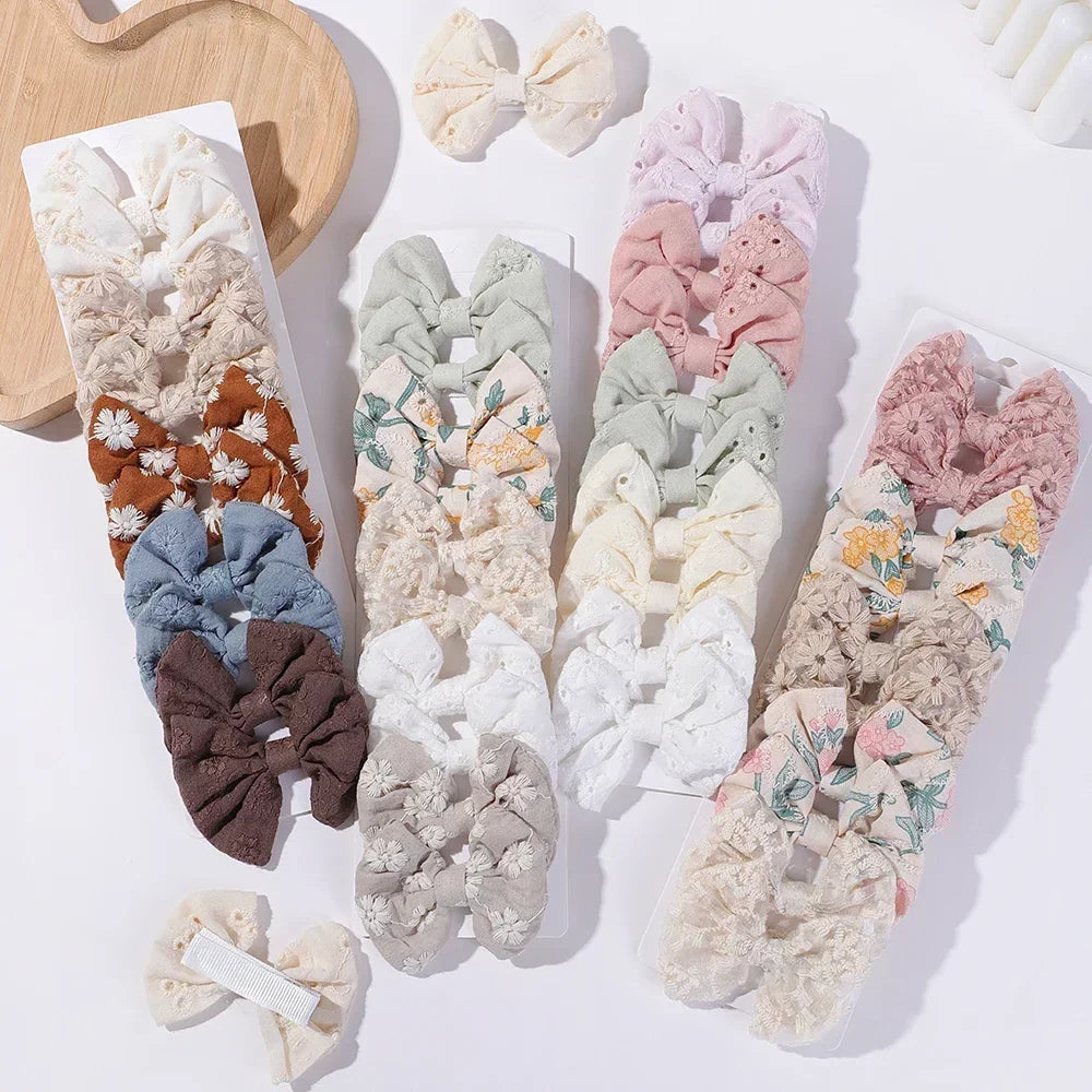 10-Piece Handmade Baby Hair Bows Set with Cotton Embroidery Clips for Girls