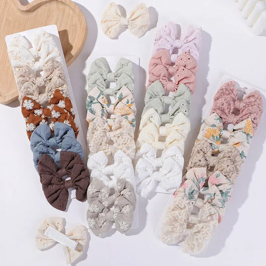 10-Piece Handmade Baby Hair Bows Set with Cotton Embroidery Clips for Girls