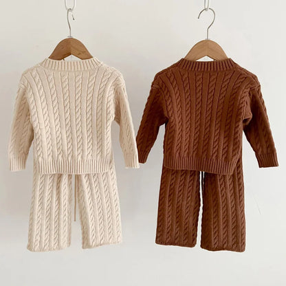 Unisex Cotton Knit Set for Kids - Solid Color Sweater and Pants Outfit for Spring and Autumn