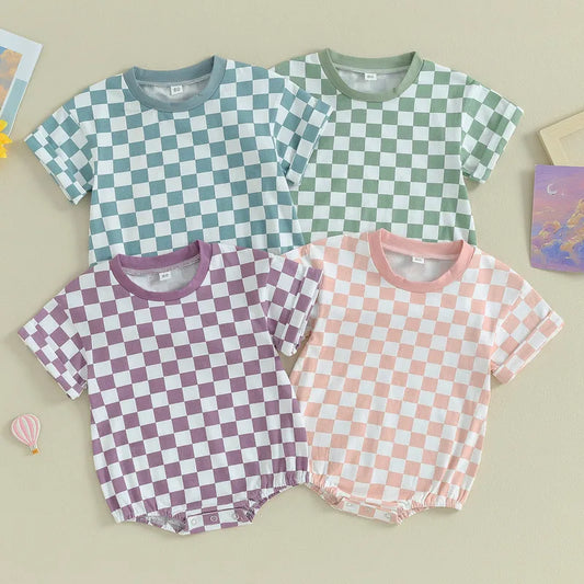 Summer Checkerboard Bodysuit for Newborns - Cute Round Neck Short Sleeve Jumpsuit in Various Colors