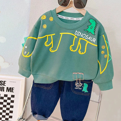 Adorable 2023 Boys Cartoon Dinosaur Pullover Sweatshirt and Denim Pants Outfit for Autumn Fashion
