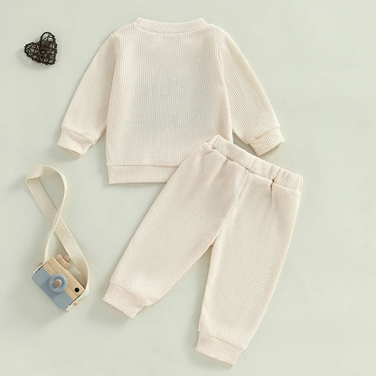 Unisex Baby Waffle Outfit Set with Letter Embroidery - Long Sleeve Sweatshirt and Elastic Waist Pants for Newborns