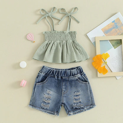 Summer Casual 2-Piece Outfit for Baby Girls: Sleeveless Camisole and Ripped Denim Shorts Set