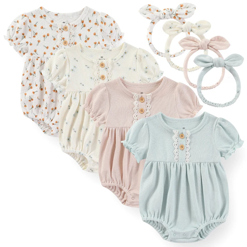 Summer Cotton Bodysuit & Headband Set for Newborn Baby Girls - 0-24 Months Solid Color Jumpsuit