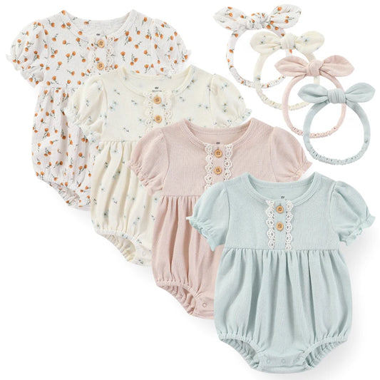 Summer Cotton Bodysuit & Headband Set for Newborn Baby Girls - 0-24 Months Solid Color Jumpsuit