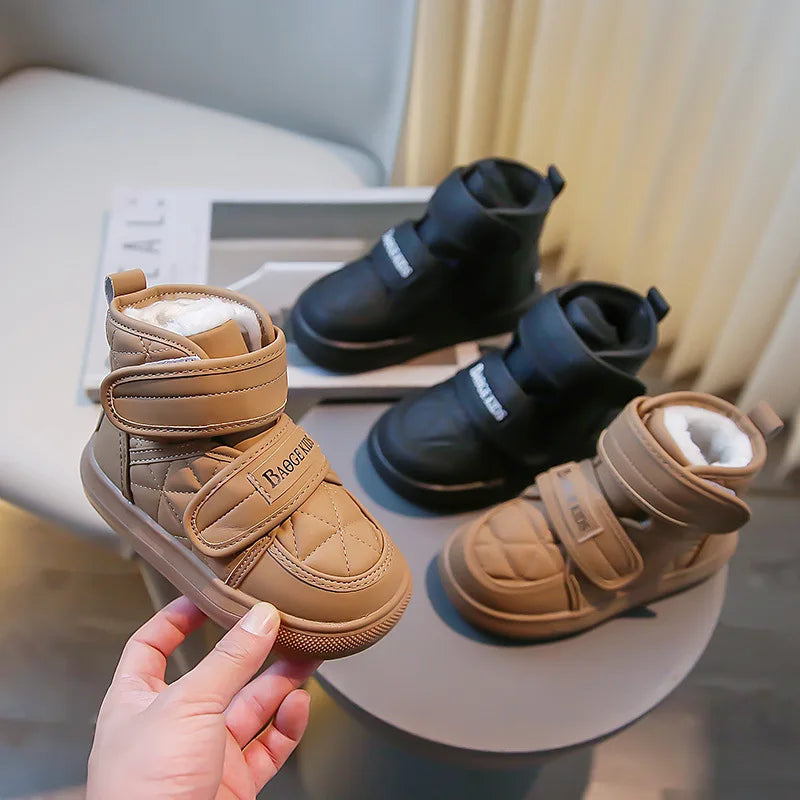 2024 Stylish Plush Leather Winter Boots for Kids - Warm Snow Shoes with Drawstring and Soft Soles for Boys and Girls