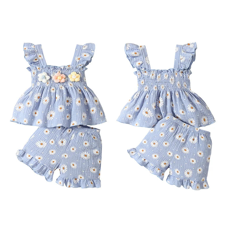 Adorable Baby Girl Summer Outfit Set with 3D Floral Ruffle Top and Shorts